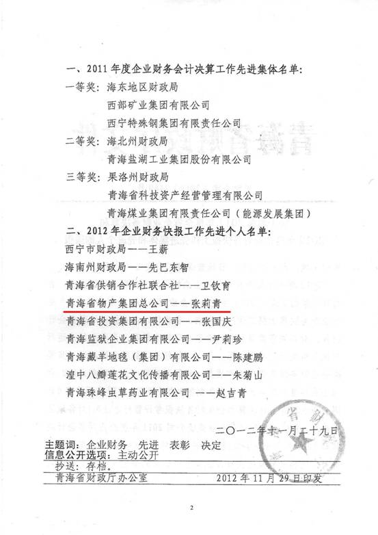 物產集團榮獲2011年度財務決算先進單位、2012年度財務快報工作先進個人表彰